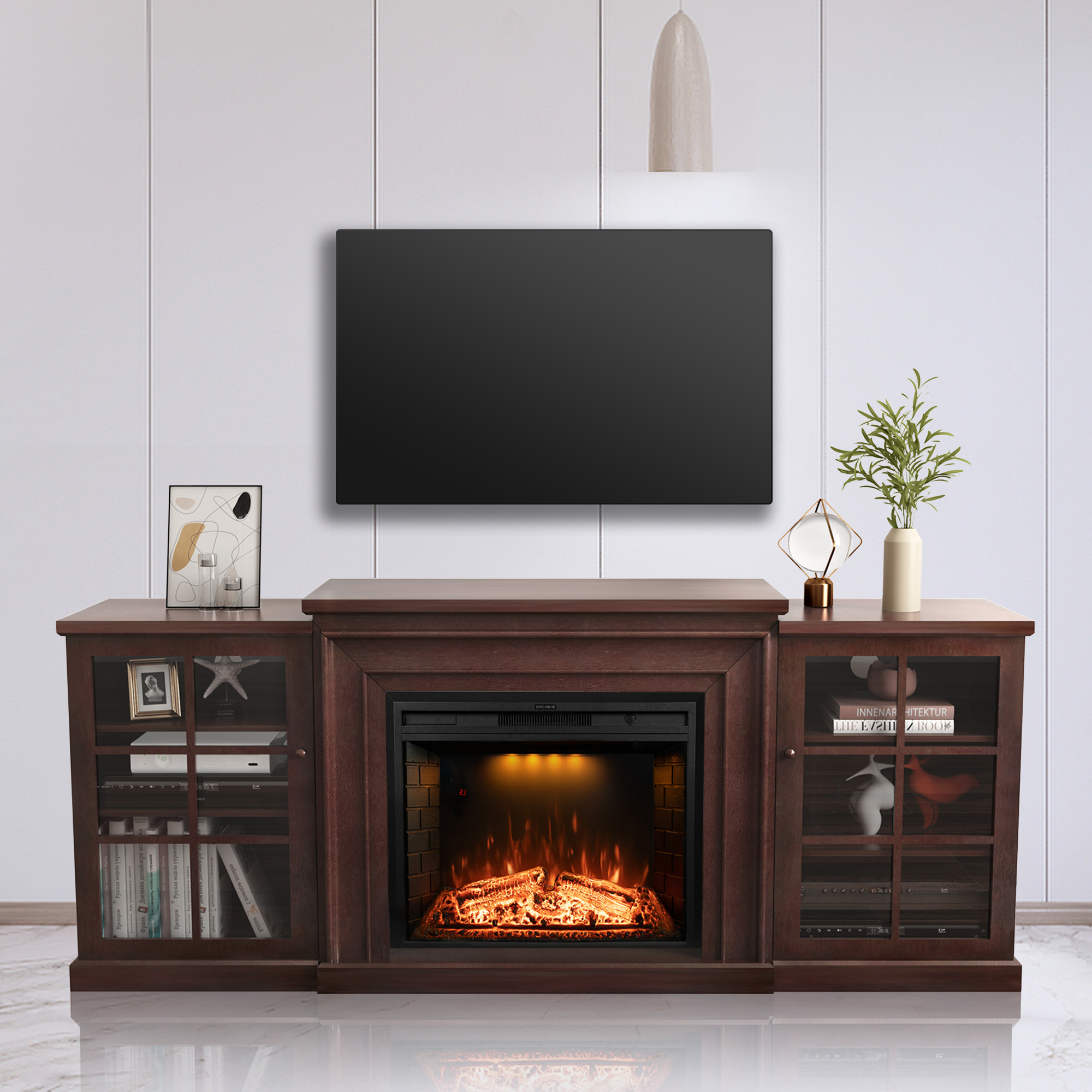  TV Stand for TVs Up To 82" with Electric Fireplace,Entertainment Center with Glass Door Console Cabinets, with Adjustable Shelf & Remote Control, Dark Walnut