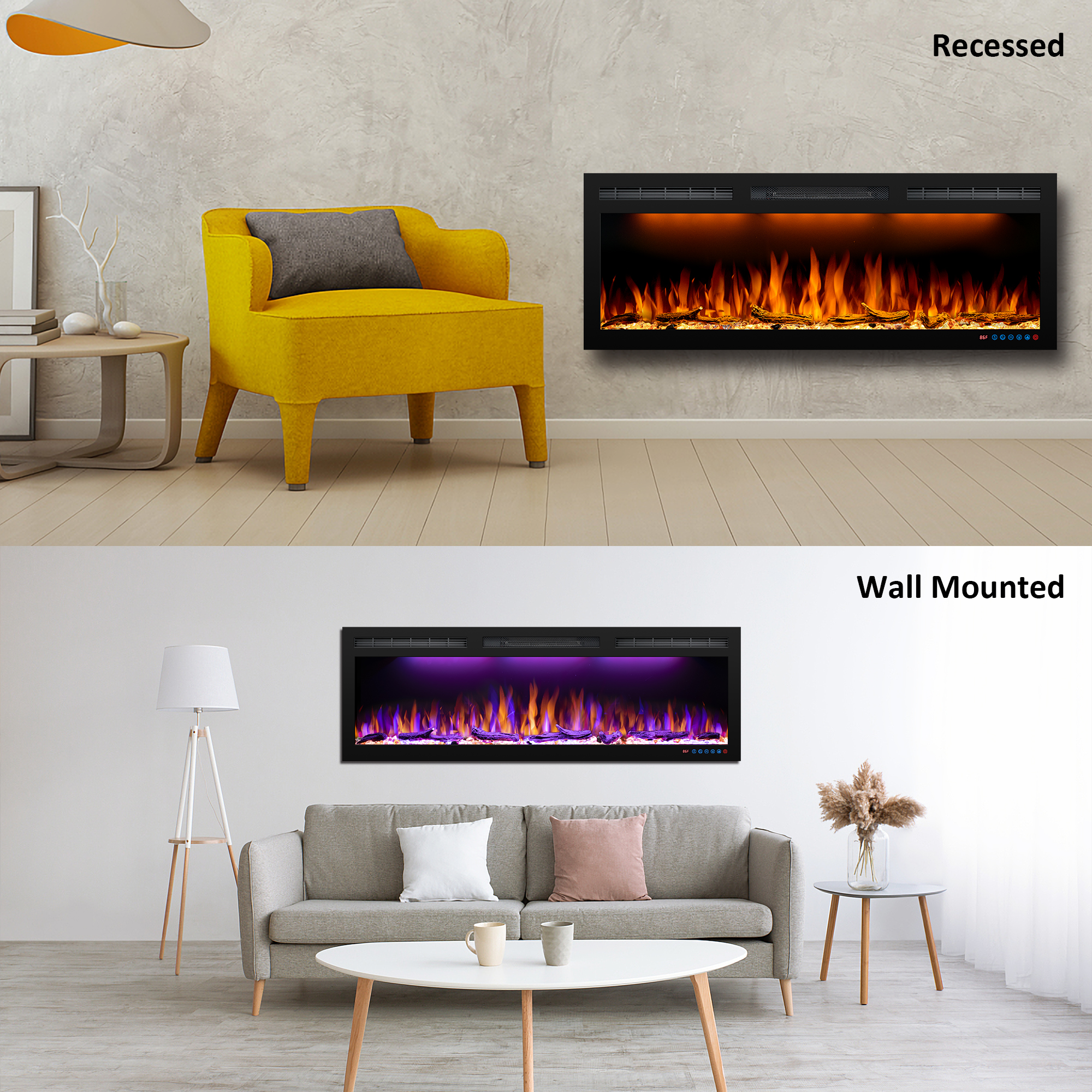 Valuxhome Recessed & Wall Mounted Electric Fireplace with Ultra Slim Frame, Logs And Crystals