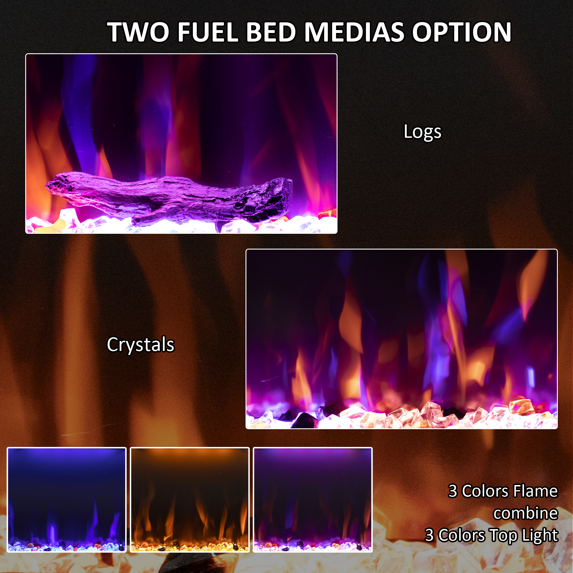 Electric Fireplace with Ultra Slim Frame, Recessed In Wall & Wall Mounted Fireplace Inserts with Remote, Multicolor Flame, Logs & Crystal, Overheating Protection, Black