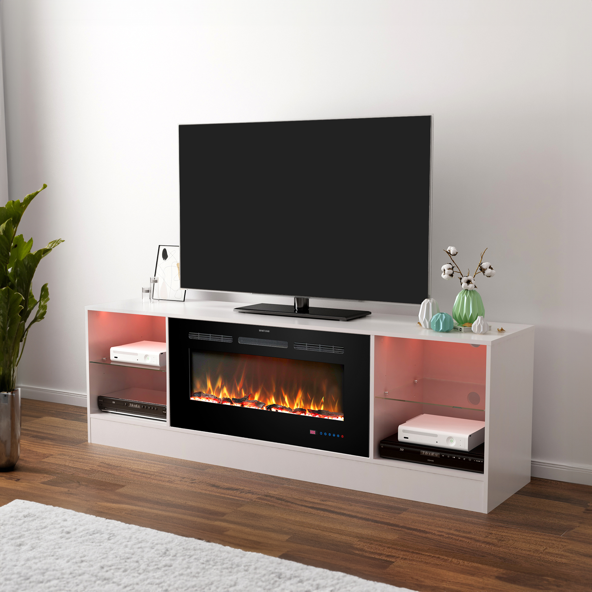 Fireplace 72" TV Stand with 36" Electric Fireplace, Entertainment Center for TVs Up To 80", LED Light, White