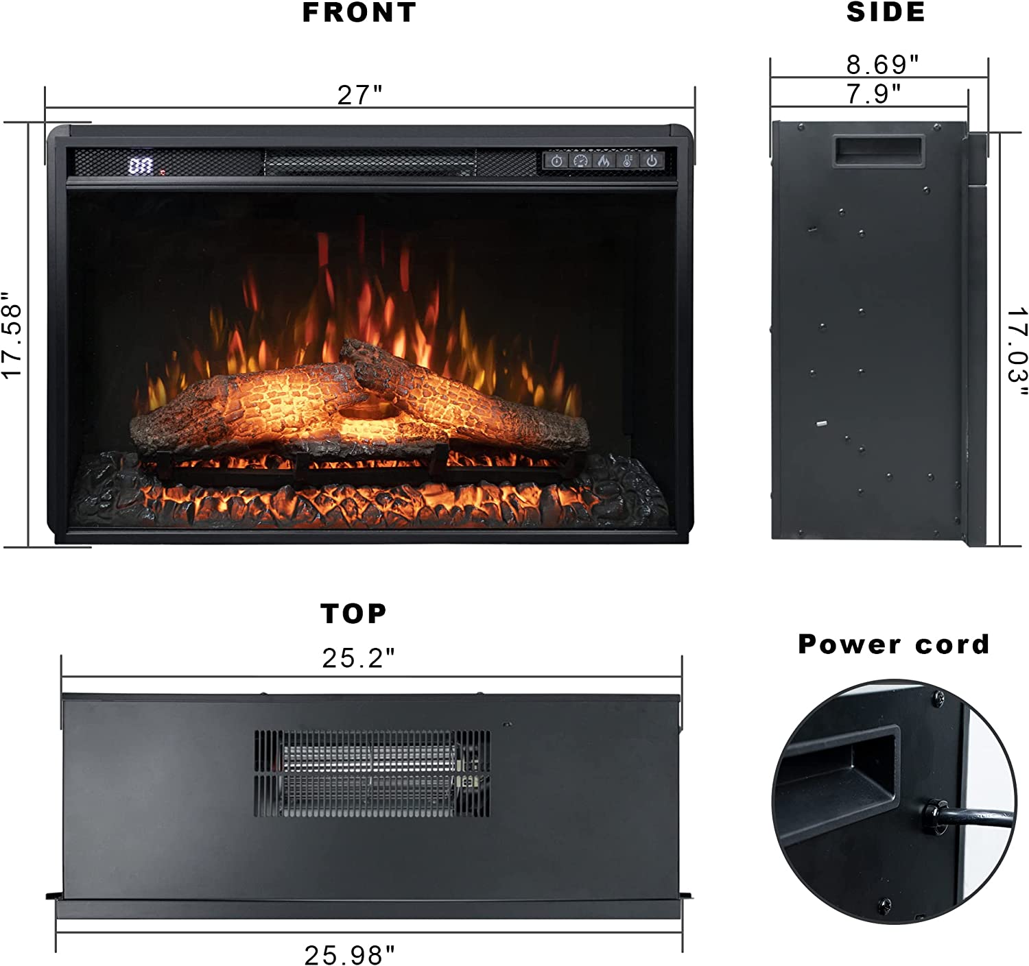 26 Inches Electric Fireplace Inserts, 1500W Wall Recessed with Remote Control, Timer, 6 Brightness And 5 Speeds, Overheating Protection, Fireplace Heater for Indoor Use