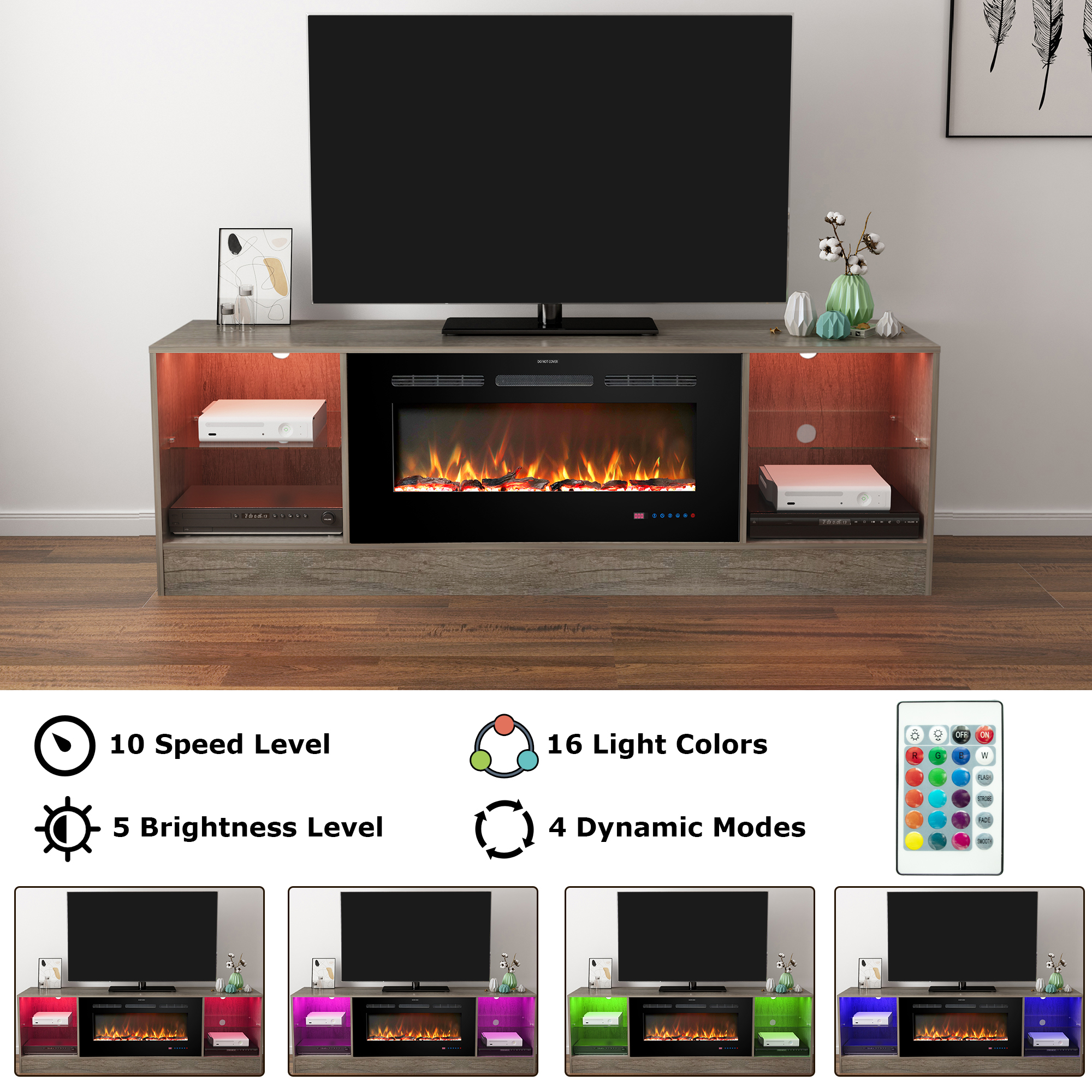 Fireplace 72" TV Stand with 36" Electric Fireplace, Entertainment Center for TVs Up To 80", LED Light, Gray
